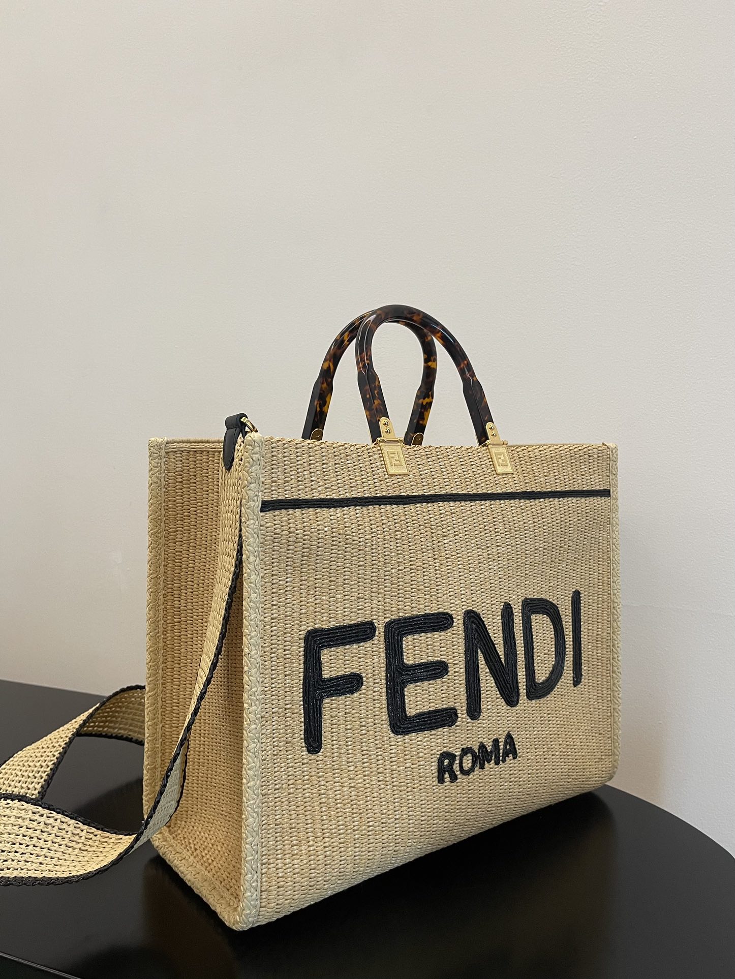 Fendi Medium Sunshine Shopper Black Leather and Beige Cotton Bag